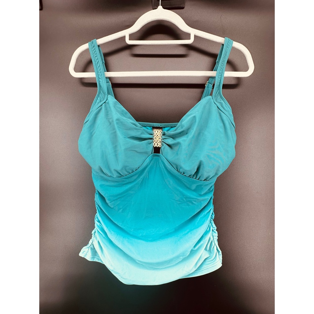 Aerin‎ Rose Sunsets Teal Ombre Underwire Tankini Swim Top 34F Ruched Swimwear